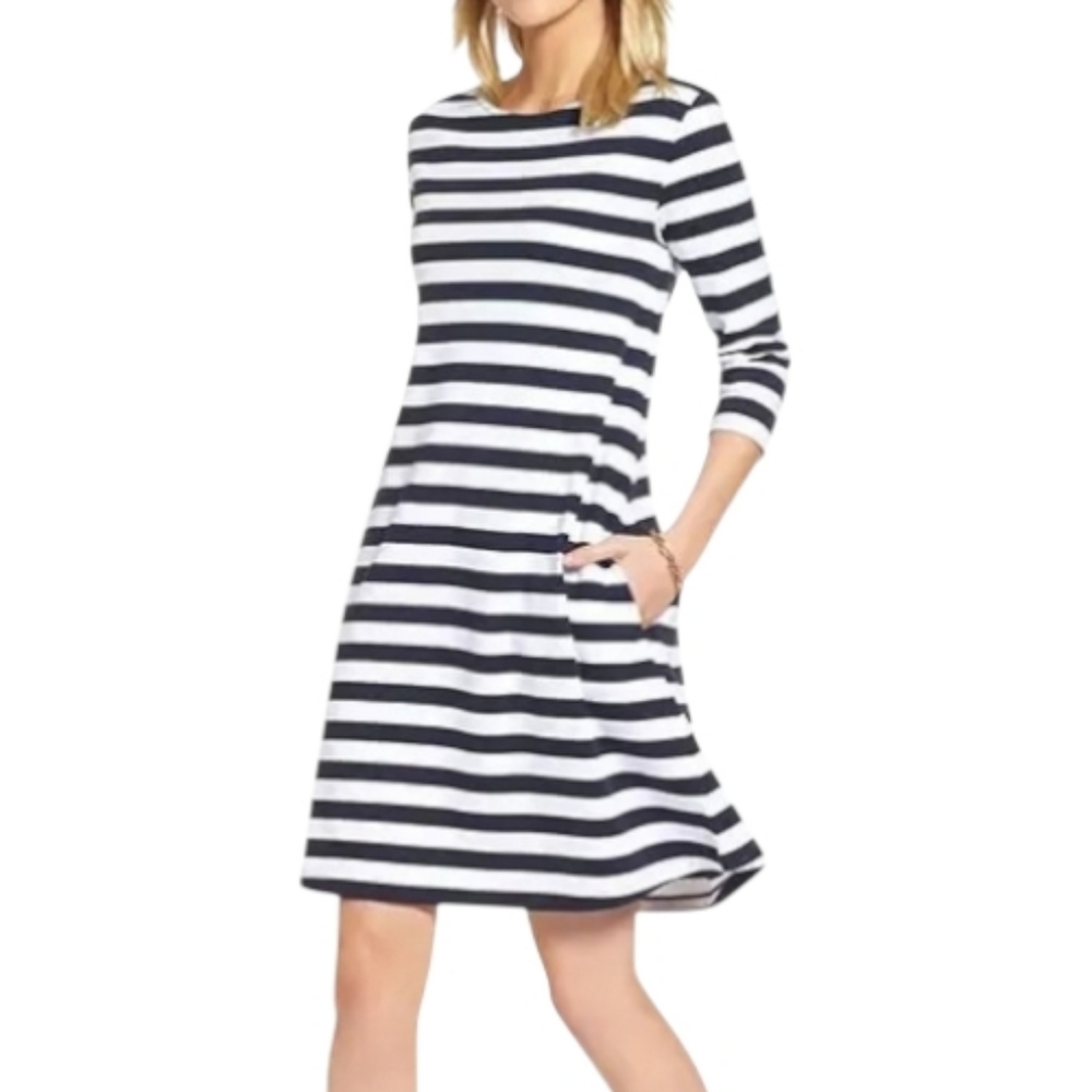 1901 NWT Tie Back Stripe Knit Swing Dress White/Black Pockets Retail $69 Size XS